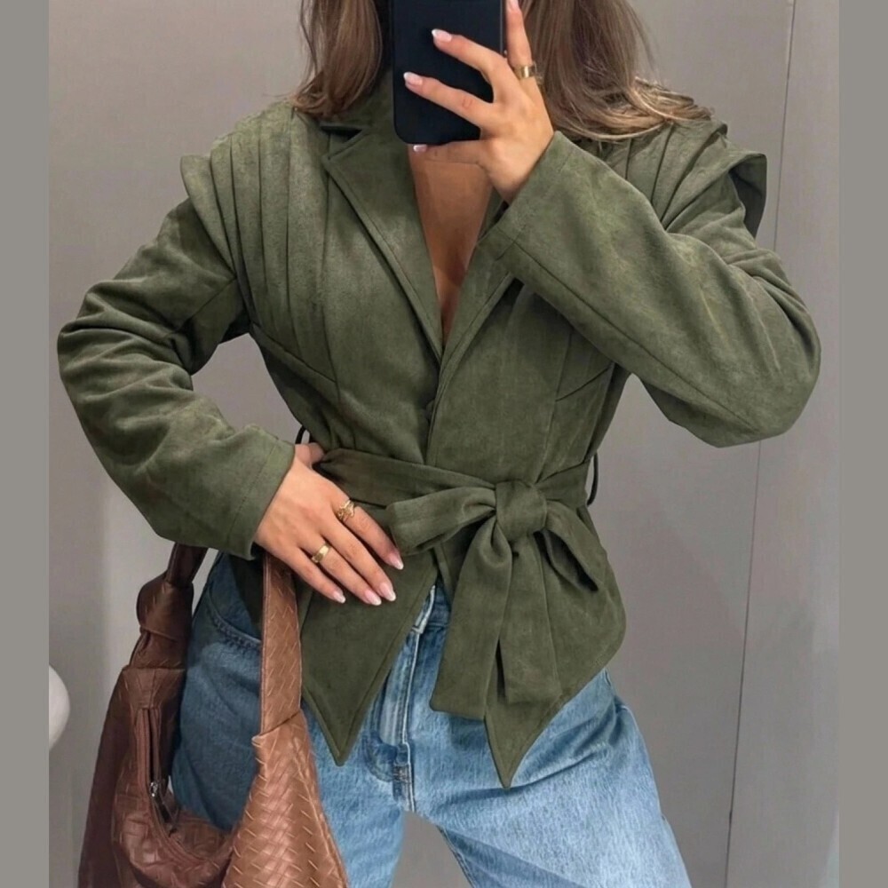 Olive Green Faux Suede Pleated Shoulder Belted Blazer